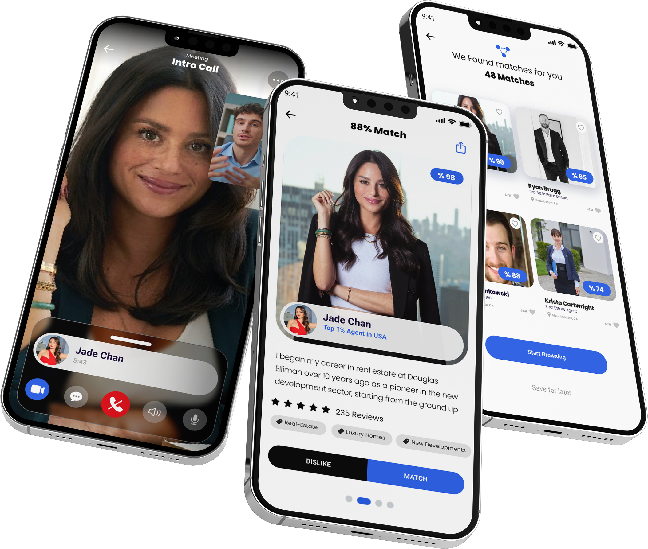 Homi app interface showing matching and video call features